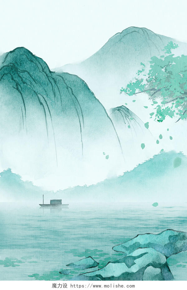 古风大气山水天空中国风水墨画展板背景插画素材水彩风景